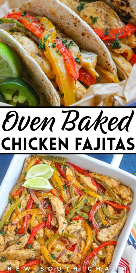 These Chicken Fajitas only require a few ingredients and bake up super quickly on one sheet pan. Save time and serve up a delicious meal with this easy sheet pan chicken fajita recipe from New South Charm. It's a weeknight dinner saver! Oven Baked Chicken Fajitas, Chicken Fajitas Oven, Baked Fajitas, Things To Make For Dinner, Easy Fajita Recipe, Easy Sheet Pan Chicken, Easy Oven Baked Chicken, Baked Chicken Fajitas, Homemade Fajita Seasoning