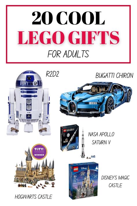 A collection of Lego sets including R2D2, Bugatti Chiron, NASA Apollo Saturn V, Hogwarts Castle, and Disney’s Magic Castle. Coolest Lego Sets, Lego Gift Ideas, Quick Gift Ideas, Lego Gift, Gift Ideas For Adults, Lego Gifts, Lego Lovers, Nasa Apollo, Hogwarts Castle