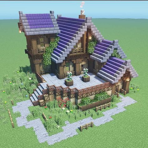 This Minecraft house building idea is of a cool house with a purple roof. There's also a garden and patio. Minecraft Kale, Mansion Minecraft, Minecraft Building Ideas, Case Minecraft, Rumah Minecraft Sederhana, Minecraft Mansion, Minecraft Structures, Bangunan Minecraft, Minecraft House Plans