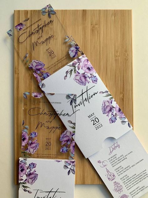 If you need to provide your guests with detailed information about the event and be sure they don’t lose the detailswe have a solutionIt is a slider invitation which combines and sticks together your main invitation and a details card which is always come together with invitationVisit our Etsy shop to find the invitations for your upcoming event ✨ Slider Wedding Invitation Card, Wedding Invitation Cards Purple, Unique Quinceanera Themes, Purple Wedding Invitations Elegant, Transparent Wedding Invitations, Purple Wedding Card, Wedding Invitations Purple, Wedding Invitation Purple, Acrylic Cards