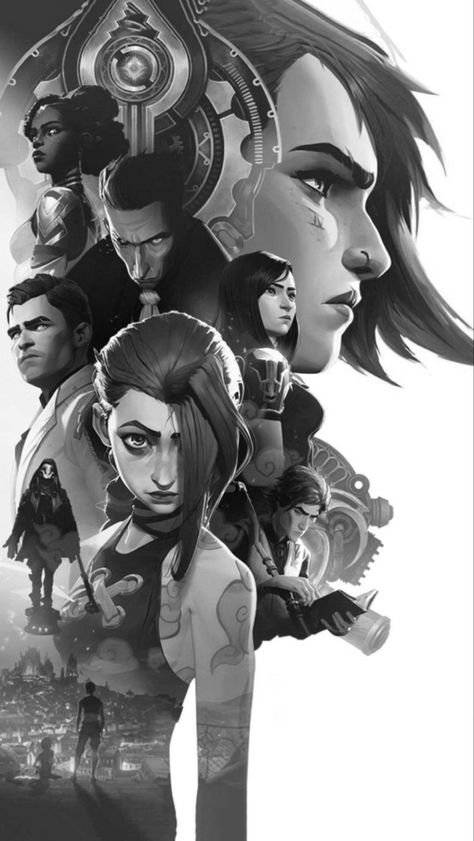 Arcane Prints, Arcane Black And White, Jinx Black And White, Arcane Tattoo, Vi From Arcane, Arcane Illustration, Arcane Poster, League Of Legends Characters, Lol League Of Legends