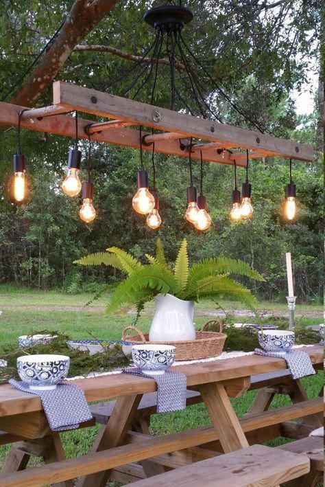 Receive excellent ideas on ”outdoor patio ideas”. They are actually on call for you on our internet site. #”outdoorpatioideas” Light Above Kitchen Table, Ladder Chandelier, Outdoor Deck Lighting, Farmhouse Ladder, Landscape Diy, Farmhouse Dining Rooms Decor, Solar Landscape, Vintage Edison Bulbs, Landscape Designs