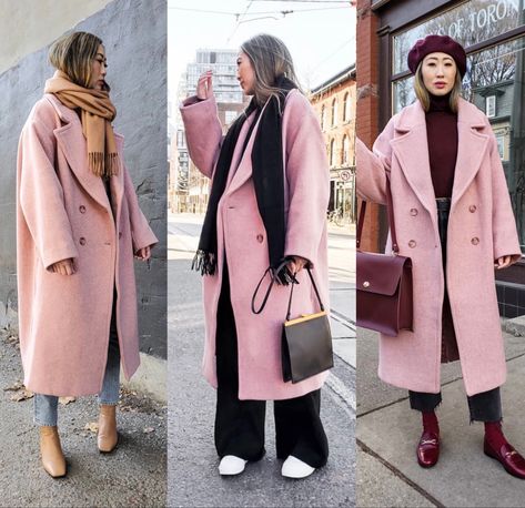 Long Pink Coat Outfit Winter, Pink Coat Winter Outfit, Winter Outfits Pink Coat, Pink Long Coat Outfit, Pink Overcoat Outfit, Pink Winter Coat Outfit, Light Pink Coat Outfits, Pink Wool Coat Outfit, Pink Trench Coat Outfit