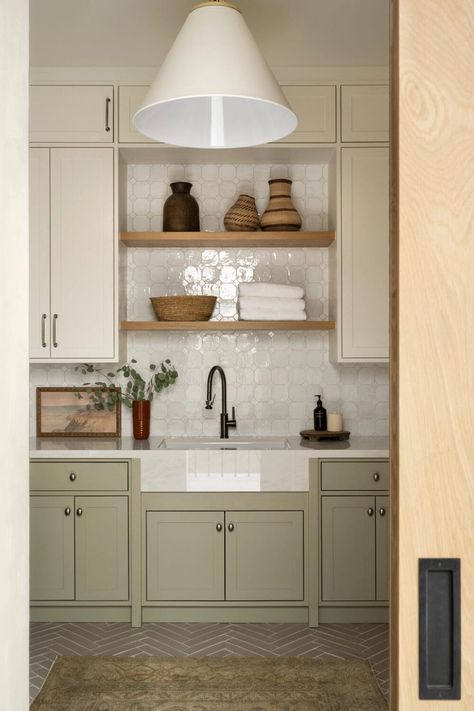 Cabinet Hardware 101 - Studio McGee Green Lower Cabinets, Mcgee And Co Kitchen, Gray Herringbone Floor, Herringbone Floor Tiles, Mcgee House, Green Pantry, Mcgee Kitchen, Studio Mcgee Kitchen, White Upper Cabinets