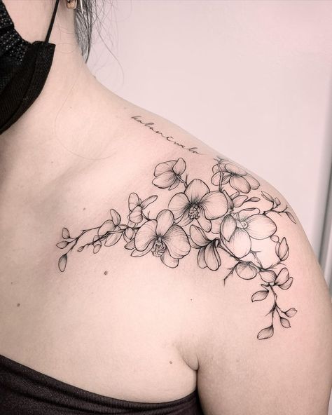 Orchid Shoulder Tattoo, Tattoo Chest And Shoulder, Orchid Tattoo Design, November Tattoo, Orchid Flower Tattoos, Go Tattoo, Charm Tattoo, Mom Daughter Tattoos, Shell Tattoos