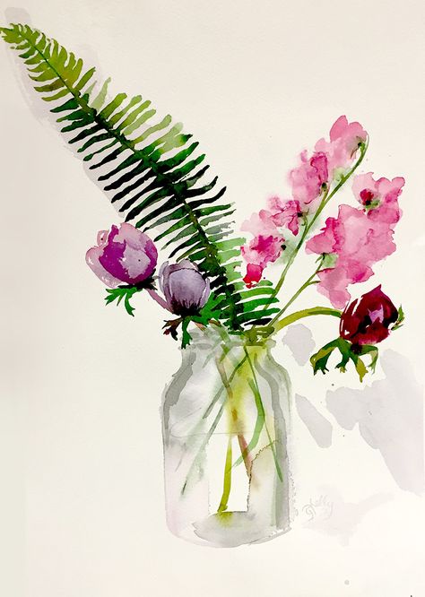 Watercolor painting -Tulips, Ferns and Jasmine - original watercolor flower painting by gretchenkellystudio on Etsy Bouquet With Ferns, Painting Of Flowers, 수채화 그림, Trendy Flowers, Watercolor Inspiration, Water Painting, Flower Mandala, Drawing Tutorials, Watercolor Techniques