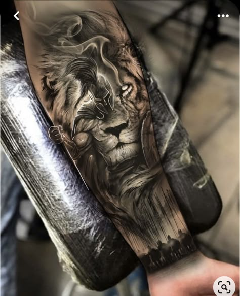 Lion Warrior Tattoo, Voll Arm-tattoos, Lion Warrior, Tato Maori, Lion Forearm Tattoos, Warrior Tattoo Sleeve, Gladiator Tattoo, Egyptian Tattoo Sleeve, Animal Sleeve Tattoo