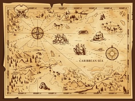 Mapa pirata velho, pergaminho gasto | Vetor Premium Old Pirate Map, Old Pirate, Pirate Map, Maps Aesthetic, Sea Map, Pirate Treasure Maps, Grunge Paper, Art Pdf, Map Tattoos