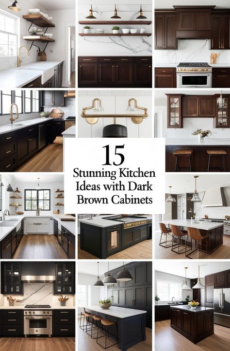 Looking for kitchen ideas with dark brown cabinets that enhance your space? These 15 designs feature rustic dark brown cabinets, two-tone kitchen ideas with dark brown cabinets, and elegant espresso kitchen cabinets to upgrade your kitchen. Discover the best backsplash ideas, gold hardware pairings, and white countertops that complement dark brown wood kitchen cabinets beautifully. #KitchenTrends #HomeDecor Kitchen Ideas With Dark Brown Cabinets, Dark Brown Wood Kitchen, Brown Wood Kitchen Cabinets, Brown Wood Kitchen, Best Backsplash, Dark Brown Kitchen Cabinets, Dark Brown Kitchen, Dark Wood Kitchen Cabinets, Espresso Kitchen Cabinets