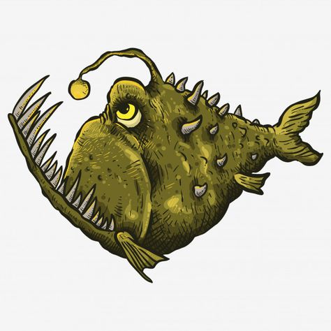 Green big mouth scary fish hand drwaing ... | Premium Vector #Freepik #vector #vintage #water #icon #hand Scary Fish Monsters, Scary Fish Drawing, Angler Fish Art, Under The Sea Images, Scary Fish, Deep Sea Life, Monster Fish, Underwater Background, Surf Vintage