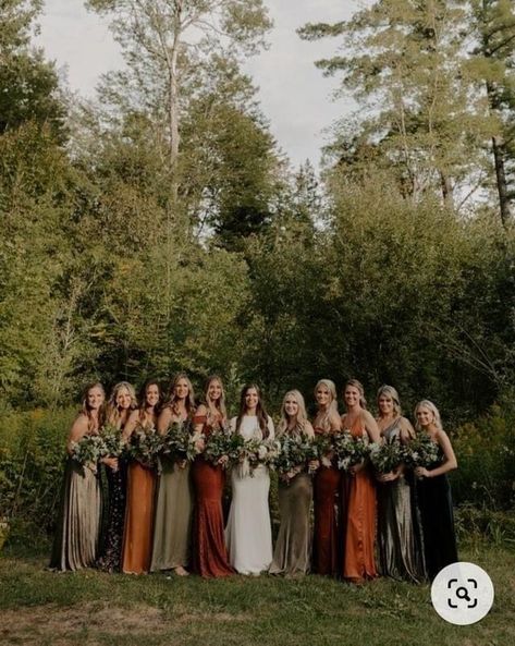 Greenery Table Centerpieces, Light Grey Groom Suit, Bridesmaid Dresses Olive Green, Bridesmaid Dresses Olive, Olive Green And Terracotta, Wedding Photo Board, Terracotta Bridesmaid Dresses, Mismatched Green Bridesmaid Dresses, Mixed Bridesmaid Dresses