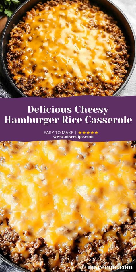 Enjoy every cheesy bite of this delicious hamburger rice casserole, made with ground beef, rice, and a thick layer of melted cheddar. A simple and satisfying dinner! Hamburger And Rice Recipes, Cheesy Hamburger Casserole, Hamburger Rice Casserole, Hamburger Rice, Leftover Rice Recipes, Ms Recipes, Cheesy Rice, Ground Beef Rice, Easy Hamburger