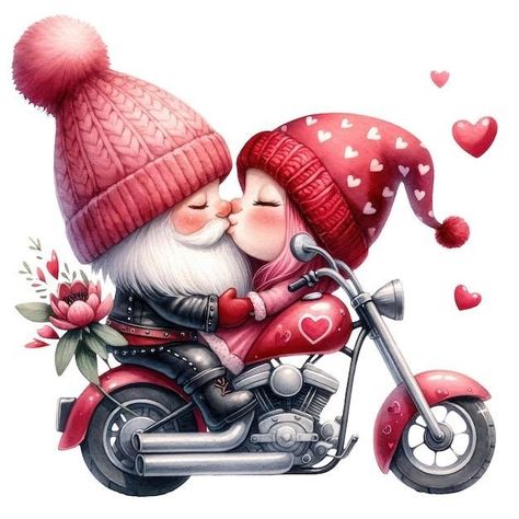 Gnome On Motorcycle, Valentines Painting, Gnome Ideas, Motorcycle Couple, Valentines Watercolor, Gnome Pictures, Valentines Sign, Valentine Clipart, Pencil Sketches