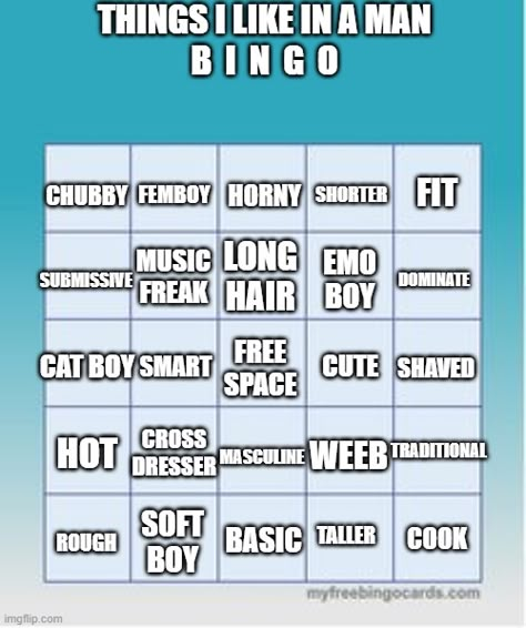 Outfit Kinks Chart Bingo, My Type Bingo, Bottom Bingo, Lgbtq Bingo, Femboy Drawing Oc, Empty Templates, Funny Would You Rather, Funny Bingo, Bingo Challenge