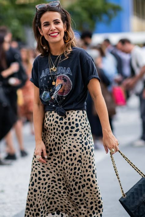 6 Genius Ways to Style a Graphic Tee #purewow #shoppable #outfit ideas #shopping #fashion Slip Dress Outfit, Tee Outfits, Fest Outfits, Graphic Tee Outfits, Leopard Print Skirt, Leopard Skirt, Slip Skirts, Satin Midi Skirt, Printed Midi Skirt