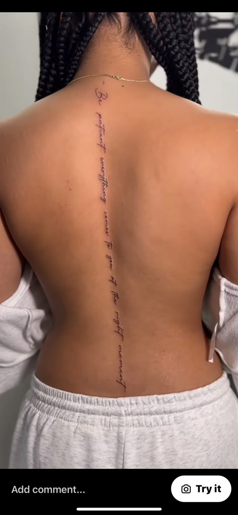 Writing Down Back Tattoo, Spine Tattoos For Women Verses, Side Spine Tattoos For Women, Side Spine Tattoo, Spine Tattoos Dark Skin, Spine Tats Black Women, Spine Tat Black Women, Sick Spine Tattoos, Spaced Out Sleeve Tattoo Women