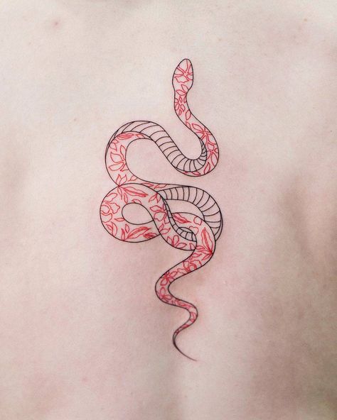 Back Tattoo Women Upper, Snake Tattoo Meaning, Small Snake Tattoo, Serpent Tattoo, Snake Tattoo Design, Spine Tattoos For Women, Sternum Tattoo, Back Tattoo Women, Spine Tattoos