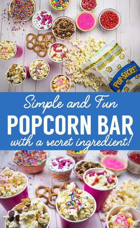 Popcorn Bar Ideas, Popcorn Bar Toppings, Popcorn Bar Party, Diy Popcorn Bar, Diy Movie Night, Popcorn Toppings, Party Food Bars, Diy Popcorn, Perfect Movie Night