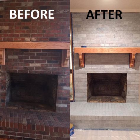 I’m going to start off this post by saying that I was a little nervous about this project at first, but that overall I’m happy with how the process went & how the fireplace turned o… Grey Wash Fireplace, Update Brick Fireplace, Brick Fireplace Remodel, White Wash Brick Fireplace, Fireplace Modern Design, Grey Fireplace, Red Brick Fireplaces, White Brick Fireplace, Fireplace Diy