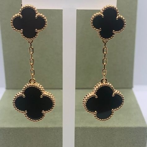 Clover Earrings, Alhambra 2-Motif Quatrefoil, Pink Rose Gold & Black Onyx, New Earrings Van Cleef, Van Cleef Alhambra, Clover Earrings, Rose Gold Pink, Stone Top, Black Earrings, Dream Jewelry, Van Cleef, Agate Stone