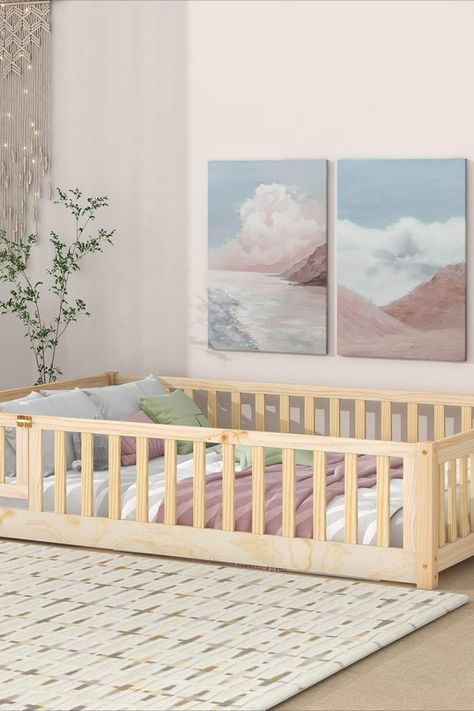 Full Floor Bed, Floor Bed With Rails, Floor Bed For Kids, Toddler Floor Bed Frame, Reading Place, Montessori Floor Bed, Toddler Floor Bed, Bed For Kids, Floor Bed Frame