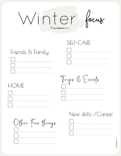 What are your winter plans and goals? What do you want to focus on? Use this simple worksheet from Saturday Gift to create a 12-week plan and stay focused and organized. Try this free simple printable worksheet for helping set your goals. #printable #planning #winter #focus #goals Q1 Goals, Planning Printables Free, Goal Calendar, How To Be More Organized, Goals Template, Goals Worksheet, Pretty Printables, Printable Planner Pages, Summer Plans