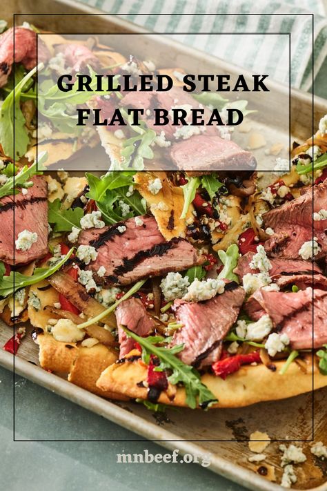 Grilled flatbread topped with sliced steak, fresh arugula, caramelized onions and creamy blue cheese. Steak Flatbread Recipes, Steak Flatbread, Grilled Flatbread, Sliced Steak, Flatbread Recipes, Flat Bread, Grilled Steak, Blue Cheese, Flatbread