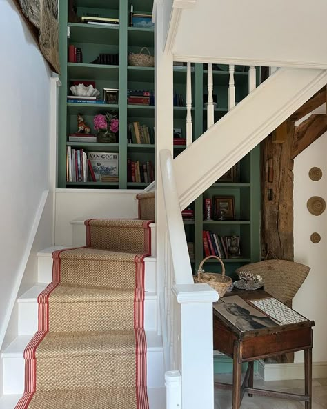 Green Bookcase, Cottage Interiors, Floor To Ceiling, Built In Bookcase, House Stairs, Staircase Design, Maine House, Our House, House Inspo