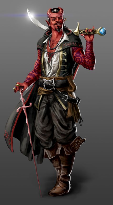 Old Adventurer Character, Tiefling Pirate Captain, Arcanepunk City, Unique Character Design Male, Tiefling Sailor, Dnd Bartender, Dnd Pirate Character Design, Dragons Character Design, Tiefling Pirate