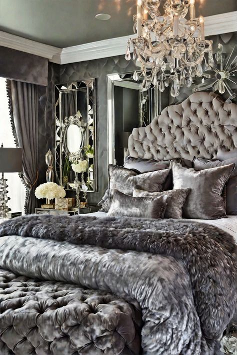 ​ #ad     #Colortrend #wallpaint2024  #color2024  #DIYpainting  ##DIYhomedecor  #Fixhome Metallic Bedroom Ideas, Diva Bedroom Ideas, Elegant Bedroom Ideas Classy, Grey Luxury Bedroom, Bed Peace, Lady Lair, Silver Bedding, House Improvement, Glam Bedroom Decor