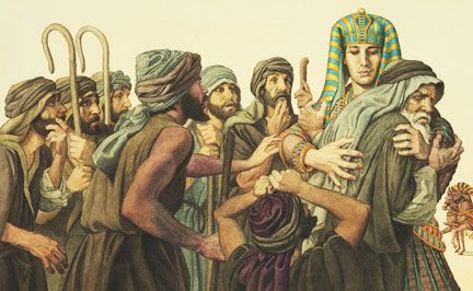 Genesis 42-45 ~ Josephs brothers go to Egypt in search of food due to the famine. Joseph tests them to make sure they love his brother Benjamin (also son of Rachel).  When Josephs brother Judah offers himself to stay in place of Benjamin he is assured that they love Benjamin and he begins to weep.  He then makes himself know and welcomes them. Joseph In Egypt, Sons Of Jacob, Plan Of Salvation, Book Of Genesis, Bible History, Atonement, Biblical Art, Garden Of Eden, Old Testament