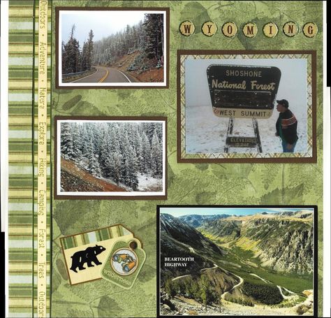 Wyoming - Scrapbook.com I really like this page Alaska Scrapbook, History Scrapbook, Camping Scrapbook, Idaho City, Queen Wilhelmina, Travel Scrapbook Pages, Canada Holiday, Vacation Scrapbook, Scrapbook Layout Sketches