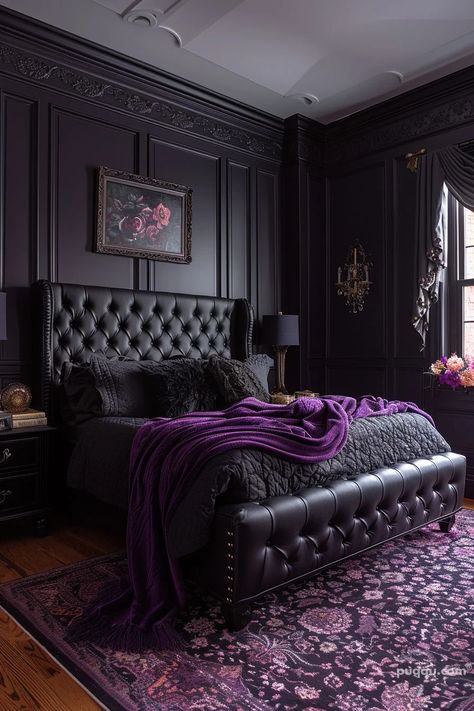 Black Bedroom Ideas for a Modern and Cozy Space - Puqqu Girly Goth Aesthetic Room, Modern Goth Bedroom, Dark Romance Bedroom, Black And Purple Bedroom Ideas, Purple Gothic Bedroom, Moody Purple Bedroom, Dark Purple Bedroom Ideas, Grey And Purple Bedroom, Dark Painted Rooms