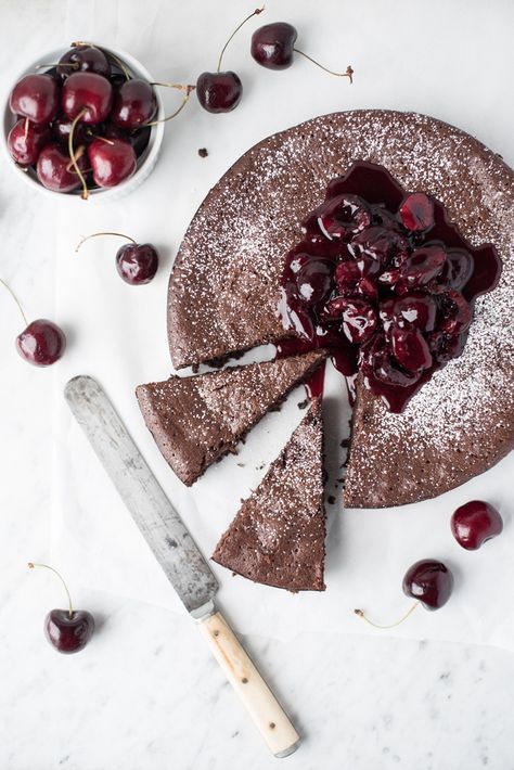 Dark Chocolate Torte with Bing Cherry Compote Flourless Chocolate Torte, Chocolate Hazelnut Cake, Cherry Compote, Bing Cherries, Decadent Chocolate Desserts, Torte Recipe, Chocolate Torte, Hazelnut Cake, Flourless Chocolate Cakes