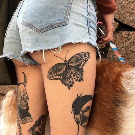 Unique Butterfly Tattoos, Unique Butterfly, Leg Tattoos Women, Knee Tattoo, Butterfly Tattoos, Leg Sleeve, Piercings And Tattoos, Leg Tattoo, Aesthetic Tattoo