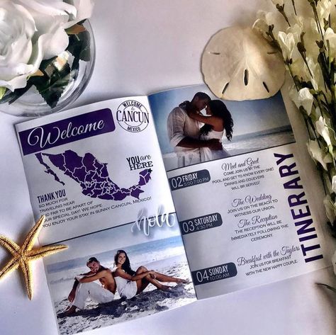 Must have for destination weddings Destination Wedding Party Favors, Magazine Wedding Program, Destination Wedding Itinerary, Destination Wedding Welcome Bags, Wedding Booklet, Wedding Program Design, Beach Invitations, Beach Wedding Invitation, Destination Wedding Favors