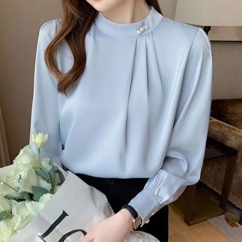 Sancus - Long-Sleeve Plain Loose Fit Satin Blouse White Chiffon Blouse, Projek Menjahit, Chiffon Shirt Blouse, Women White Blouse, كريستيانو رونالدو, Satin Shirt, Womens Long Sleeve Shirts, Elegant Shirt, Chiffon Shirt