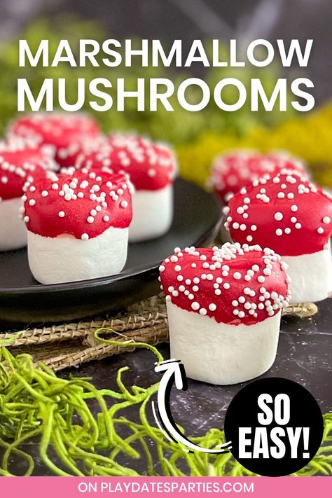 Make your next party extra special with these easy DIY Toadstool Marshmallow Mushrooms! You only need 3 ingredients and about 10 minutes to make this simple party snack that kids love. They're the perfect party treat for so many themes, including Mario, Minecraft, Fairy parties, woodland themed, enchanted forest, and even camping parties. Click through to get the full recipe and step by step instructions. Forest Dessert Ideas, Nature Themed Snacks For Kids, Enchanted Forest Snacks, Mushroom Dessert Ideas, Fantasy Themed Snacks, Fantasy Themed Party Food, Mushroom Shaped Food, Fairy Party Snacks, Forest Themed Snacks