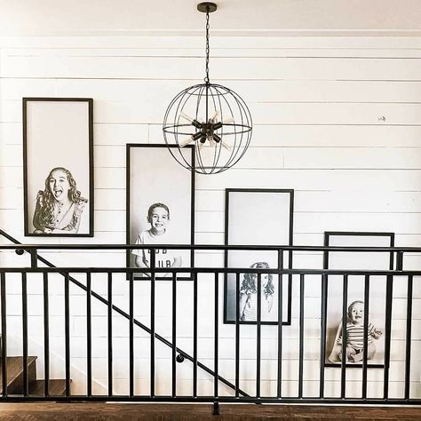 Picture Wall Ideas Going Upstairs, Vaulted Stairway Decor, Top Of Stairs Ideas, Top Of The Stairs Decor, Top Of Stairs Decor Upstairs Landing, Wall Above Stairs Decor, Wall Arrangement Ideas, Shiplap Stairwell, Top Of Stairs Decor