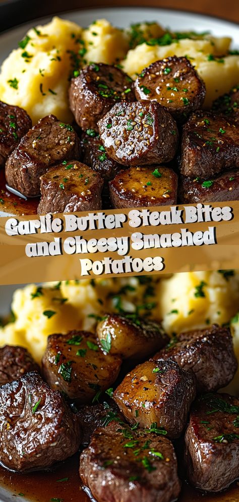 Garlic Butter Steak Bites and Cheesy Smashed Potatoes Creamy Cheesy Potatoes, Garlic Butter Steak Bites, Butter Steak Bites, Raspberry Swirl Cheesecake, Butter Steak, Healthy Eating Breakfast, Garlic Butter Steak, Steak Butter, Garlic Butter Sauce