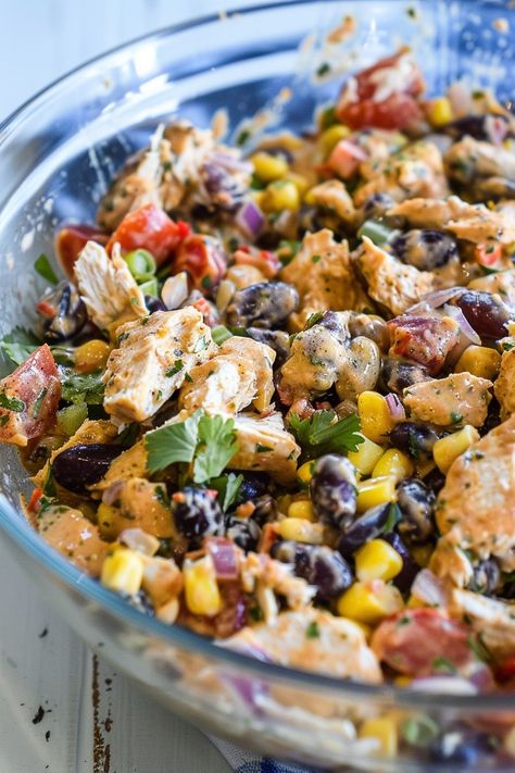 Whip up a fresh and flavorful meal with our Zesty Southwest Chicken Salad! Loaded with shredded chicken, sweet corn, creamy black beans, and a zesty homemade dressing, this salad is perfect for a quick lunch or a light dinner. It’s bursting with colors and Southwest flavors that are sure to please everyone at the table. Ready in just 10 minutes, it's ideal for busy days. Try it today and bring a burst of freshness to your meal routine! Pin this recipe now for easy access! Crispy Rice Southwest Chicken Salad, Diy Chicken Salad Recipe, Southwestern Chicken Salad, Southwest Salad Recipe, Mexican Chicken Salad, Southwestern Salad, Mexican Chicken Salads, Dorito Chicken, Cilantro Recipes