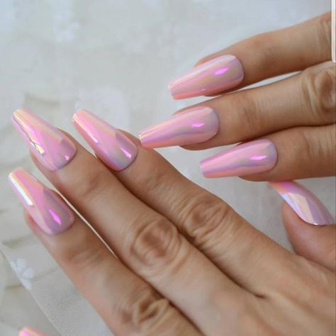 Pink Oval Nails, Kiss Press On Nails, Nail Kits, Pink Chrome Nails, Fake Nails Long, Shape Nails, Long Press On Nails, Mirror Nails, Pink Chrome