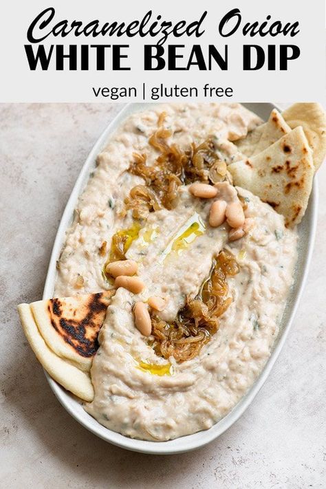 This crowdpleasing caramelized onion white bean dip is easy to make and so delicious! White beans make for an extra creamy base that's vegan & gluten free. White Bean Dip Recipe, Cheese Sauces, Bean Dip Recipe, White Bean Dip, Vegan Dip, Bean Dip, Caramelized Onion, Vegan And Gluten Free, Buffalo Chicken Dip