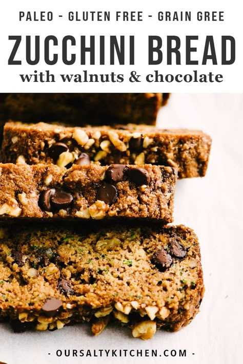 Zucchini bread is my favorite paleo treat, and this recipe is the best one I've tried! It's the perfect balance of crumbly and moist. This zucchini bread is made with almond flour, coconut oil, enjoy life chocolate chips, and walnuts. It's easy to pull together, relatively healthy and low carb, and out of this world delicious. Click to learn everything you need to know about baking paleo zucchini bread. #paleo #zucchinibread #healthybaking #dairyfree #glutenfree #grainfree Paleo Zucchini Bread, Zucchini Healthy, Bread Zucchini, Paleo Zucchini, Paleo Recipes Dessert, Paleo Baking, Almond Flour Recipes, Paleo Treats, Gluten Free Treats