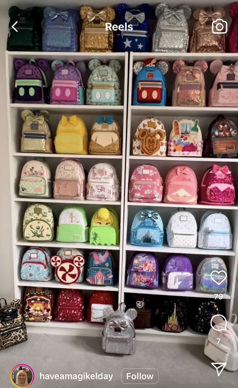 Disney Loungefly Backpack Display, Loungefly Display Ideas, Loungefly Display, Backpack Display, Disney Loungefly Backpack, Bounding Outfits, Disney Headband, Disney Princess Jewelry, Lounge Fly