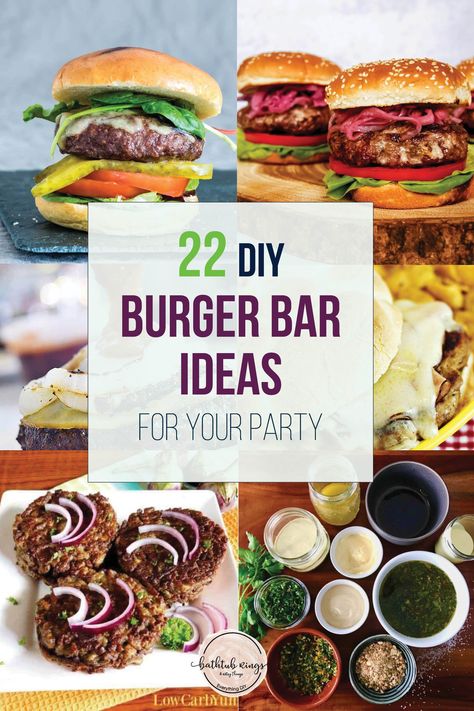 These burger ideas are sure to get your mouth watering! These 21 burger bar ideas are perfect for your next party! #burgerideas #hamburgerreceipes #burgerbar #burgerparty #partyideas Burger Bar Ideas, Hamburger Bar, Burger Bar Party, Gourmet Burger Bar, Vegan Chickpea Burger, Hamburger Party, Foodtrucks Ideas, Barbecue Burgers, Food Bar Ideas