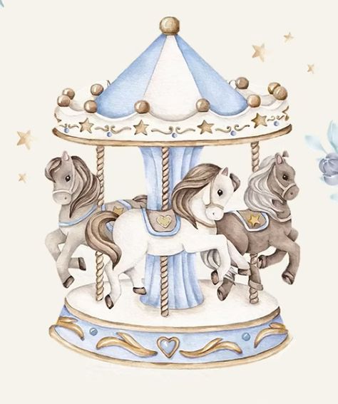 Carousel Watercolor, Castle Clipart, Horse Ribbons, Shower Art, Baby Shower Art, Birthday Clipart, Carousel Horse, Create Decor, Illustration Art Drawing