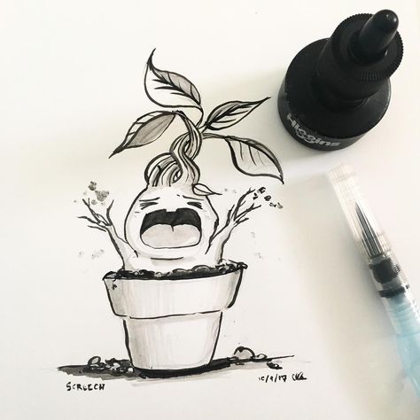 Art By Carole Vu on Instagram: “Eeek! Found my old black india ink I used in college! Upping the inktober game, this was fun to brush ink! #mandrake #screech #inktober…” Harry Potter Mandrake Drawing, Harry Potter Mandrake Tattoo, Mandrake Painting, Mandrake Tattoo Harry Potter, Mandrake Drawing, Mandrake Art, Mandrake Tattoo, Jake Tattoo, Harry Potter Monster Book