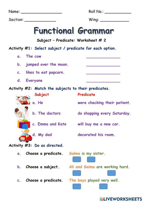 Subject Predicate Activities, Subject And Predicate Worksheet, Complete Subject And Predicate, Complete Subject, Cell Transport, Subject And Predicate, Shapes Worksheets, English As A Second Language (esl), A Sentence