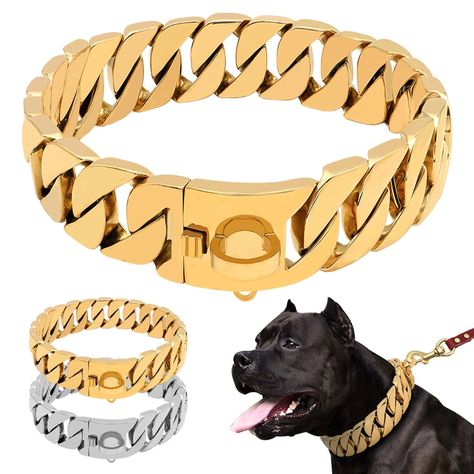 Gold & Silver Dog Leash Chain Collar Strong Stainless Steel Pet Leash for Large Pitbull, Bulldog, Rottweiler Dogs GetTheGiftshop Gold & Silver Dog Leash Chain Collar Strong Stainless Steel Pet Leash for Large Pitbull, Bulldog, Rottweiler Dogs Type: Collars Collar Type: Basic Collars Origin: CN(Origin) Material: Stainless steel Is Smart Device: NO is_customized: No Type: Dogs Season: All seasons Pattern: Solid Feature: Personalized Color: Gold/Silver/Black Fit for: Large Dogs, Pitbull, Bulldog, F Pitbull Mastiff, Gold Dog Collar, Dog Chain, Pet Artist, Black Friday Sales, Dogs Pitbull, Big Collar, Pet Leash, Dog Necklace